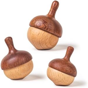 DadCarved Wooden Chestnut Spinning Tops, Handmade Natural Safari & Beech Wood Toys for Kids, Safe Non-Toxic Montessori Spinners for Toddlers (Pack of 3)