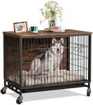 Dog Crate Furniture, 2024 Deluxe Wooden Dog Kennel with Removable Tray and Wheels, Heavy-Duty Double-Doors 38.6" Dog Cage End Table, Indoor Dog House for Large Dogs (Brown & Black, Large)