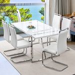 Dining Table Set for 6，White Rectangular MDF Kitchen Table and Leather Dining Chairs Set of 6, 7 Piece Dining Table Set，Modern Metal Frame Dining Room Table Set 6 with Metal Frame for Kitchen