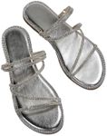 OYOANGLE Women's Rhinestone Strappy Open Toe Slide Sandals Slip on Casual Flat Sandals Silver 7.5