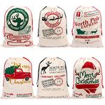 6 Pack Santa Sacks Christmas Canvas Bag, Large Reusable Gift Bags with Drawstrings, Personalized Gift Bags for Christmas Thanksgiving New Year Party Supplies - Size 27.6 x19.7 Inch (Pattern 1)