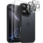 JETech 5 in 1 Matte Case for iPhone 16 Pro Max 6.9-Inch with 2-Pack Each Tempered Glass Screen Protector and Camera Lens Protector, Translucent Back Shockproof Phone Cover (Black)