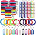 50Pcs Wristband Keychain Coil with 50Pcs Key Tag Labels, Colorful Spring Spiral Key Rings for ID Badge Sauna Gym Pool and Sport