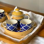 BACKKSPACE RETAIL Teapot Set with 2 Cups (160ML), 1 Kettle (450ML), and 1 Plate | Lead-Free, Non-Toxic Ceramic | Microwave & Dishwasher Safe| Perfect for Gift, Office, Home – (Yellow - White - Blue)