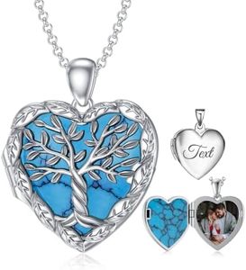 SOULMEET Personalized Silver Tree of Life Locket Turquoise Tree Heart Locket Necklace That Holds Picture Custom Any Photo Letters Engraving (Custom photo & text)
