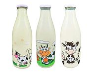 HOMIES, Set of 3 Pieces, Printed Designer Freeze Safe Airtight Flip Cap Clear GLASS Water, Milk, Juice fridge Bottle (1000 Ml) - Assorted Design/color/print, sent randomly.