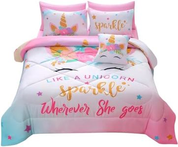 JQinHome Unicorn Full Bedding Sets for Girls Kids,8 Piece Bed in A Bag 3D Colorful Flower Girl Unicorn Comforter Set with Sheet Set(Sparkle)