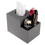 BTSKY Linen Square Tissue Box With Multi-Function Side Pocket Organizer For Remote Control Cosmetics Pen Pencil - Tabletop Cube Tissue Box Napkin Holder Storage Box, Grey