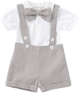 Gentleman Outfits Set for Baby Boys Short Sleeve Romper with Tie and Overalls Bib Pants Clothing Set (Light Gray, 6-12 Months)