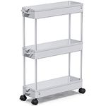 SPACEKEEPER Storage Trolley 3-Tier Slim Storage Cart Slide Out Rolling Utility Cart Mobile Shelving Unit Trolley Organizer Cart for Kitchen Bathroom Laundry Office, Plastic,Grey