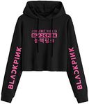 FUNKY MONKEY Blackpink Crop Hoodie Lisa Jennie Jisoo Rosé K-pop Long Sleeve Printing Hooded Sweatshirt Pullover Sweater (for Summer and Winter) 11-12. (11-12, Black)