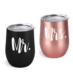 GINGPROUS Mr and Mrs Wine Tumbler Set, Mr Mrs Wedding Gift for Newlyweds Couples Bride His and Her Bridal Shower Engagement Honeymoon, 12 Oz Stainless Steel Wine Tumbler with Lid and Straw Black＆Rose