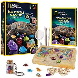 NATIONAL GEOGRAPHIC Semi-Precious Gemstone Dig Kit - STEM Digging Kit with 15 Semi-Precious Gemstones, Including Amethyst, Garnet, Opal, Blue Topaz, and More, A Great Science Kit for Boys and Girls