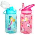 Home Tune Kids Water Drinking Bottle (470ml)- Tritan BPA Free, Auto Flip Chug Lid, Sip Straw Lid, Lightweight, Leak-Proof Water Bottle Cute Design For Girls & Boys - 2 Pack Mermaid & Unicorn