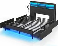 Rolanstar Full Bed Frame with Storage Headboard, Metal Platform Bed with Charging Station, LED Bed Frame with 4 Drawers, Bookcase Storage, No Box Spring Needed, Easy Assembly, Noise-Free, Black