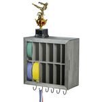 MyGift 12 Compartment Vintage Gray Solid Wood Wall Mounted Martial Arts Belt Holder Cabinet with Clear Acrylic Viewing Panel, 6 Black Metal Wire Hanging Hooks for Award Medals
