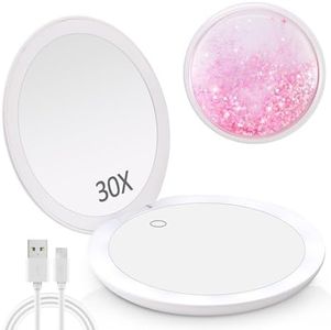 MIYADIVA 30x Magnifier Mirror with Light,LED Magnifying Travel Magnifying Mirror,Makeup Mirror with Magnification,2 Sided USB Rechargeable Touch Screen Vanity Mirror,4.8 Inch,Pink