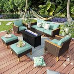 MFSTUDIO 7 Piece Patio Furniture Set with Fire Pit Table, 2 x Single Chair, 2 x Ottoman, 3-Seat Sofa, All-Weather PE Rattan Patio Conversation Set Sectional Sofa for Garden(Aqua Blue Cushions)