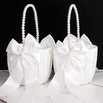 2 Pack Flower Girl Baskets for Weddings, White Flower Basket with Pearl Handle for Flower Girls