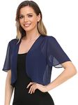 Women Bolero Shrug Soft Chiffon Open Front Sheer Short Sleeve Cropped Cardigans for Evening Dress, Navy Blue, L