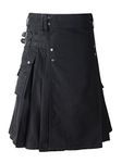 Lucasini Scottish Cotton Kilt Deluxe Tartan Goth Outdoor Utility Kilts Highland Skirt, Black/Black Button, 32