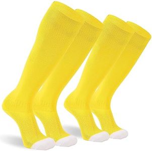 Sunew Men's Sports Soccer Football Socks, Knee High Team Solid Cushion Towel Bottom Compression Soccer Softball Homecoming Socks for Back to School Athletic,Bright Yellow L 2 Pairs