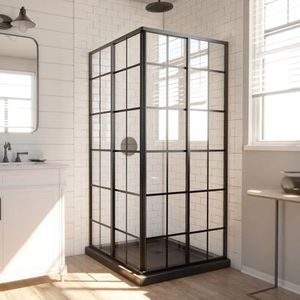 DreamLine French Corner 36 in. D x 36 in. W x 74 3/4 in. H Sliding Shower Enclosure in Satin Black and Corner Drain Black Base Kit, DL-6789-09