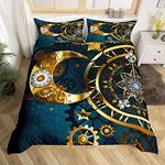 Gears Duvet Cover Set Super King Size, Gold Sun Moon Stars Comforter Cover with 2 Pillowcases, Steampunk Style Bedding Set 3pcs for Kids Boys Teens Bedroom Decor Antique Gold Watch Bedspread Cover