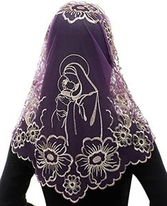 Bozidol Catholic Church Veil Traditional Mass Mantilla Chapel Lace Scarf Triangle Orthodox Prayer Veil (Purple-Gold)