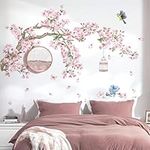 decalmile Cherry Blossom Tree Branch Wall Decals Pink Flower Birds Wall Stickers Bedroom Living Room Sofa TV Background Wall Decor