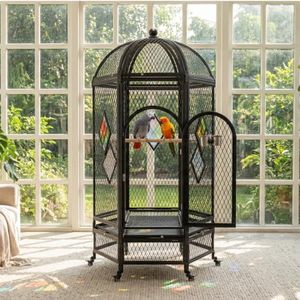 BELNEST 69-Inch Dome Top Bird Cage for Large Parrots, Rolling Aviary, Black