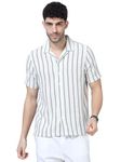 GLORYBOYZ Men's Half Sleeve Cotton Shirt Regular Fit Textured Striped Pattern Shirt for Men Revere Collar Comfortable Casual Shirt Fashionable Stylish Office Party Summer Wear (Off White Green XL)