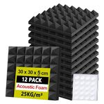 Foneso Acoustic Foam Panels 12'' x 12'' x 2'', Sound Insulation Wall, Black Acoustic Foam Mats for Sound Studio, Podcast Recording, TV Room, Playrooms and Offices