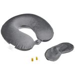 Amazon Basics Memory Foam Travel Neck Pillow with Eye Mask & Ear Plugs Combo|Ultra Soft Velvet Fabric|Ergonomically Designed for Ultimate Comfort for Air, Car, Train, Bus Travel- Grey, Standard Size