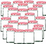 Offer Shop Jam Glass Jars with Lids Mason Jars with Red Lid | 190ml Round Jars with Adhesive Labels Air tight Jars for Spice Pickle Jelly- 24 Set