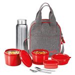 MILTON Savor Lunch Tiffin (3 Microwave Safe Inner Steel Containers, 180/320/450 ml; 1 Plastic Chutney Dabba,100ml; 1 Aqua Steel Bottle, 750ml, Steel Spoon and Fork) with Insulated Fabric Jacket, Red