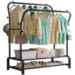 SMILOVII Heavy Duty Clothes Rail Free-standing Metal Coat Stand Rack with Garment Hanging Rails, Shoe Rack and 8 Side Hooks Sturdy Storage Shelf - Perfect Clothing Rail for Bedroom