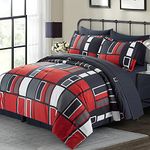 ARTALL Black Gray Red Plaid Pattern Bed in A Bag 6 Piece Bedding Twin Comforter Sets 1 Comforter, 1 Pillow Shams, 1 Flat Sheet, 1 Fitted Sheet, 1 Bed Skirt, 1 Pillowcases