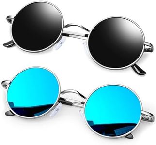 Polarized Small Round Sunglasses Hippie Style, Vintage John Lennon Sunglasses Silver Metal Frame Mirrored Flat Lens (2 Pack Black and Blue)