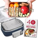 Stainless Steel Lunch Box with Bag | Removable Bento Divider | Leak Proof Lid | Container for Salads, Snacks, Leftovers | Plus Lunch Box Ideas Recipe Book | Medium Size