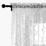 Kotile Moroccan Grey Sheer Curtains - Metalllic Silver Foil Geo Trellis Pattern Print Rod Pocket Privacy Voile Curtains for Bedroom, 52 x 63 Inch, 2 Panels, Silver and Gray