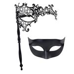 IETANG Couple Mardi Gras Mask Venetian Masquerade Mask Set Party Costume Accessory (On Stick-D)