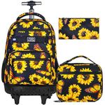 3PCS Rolling Backpack for Girls Women, Travel Roller Backpacks with Wheels for Adults, Teens College Sunflowers Wheeled Bookbag with Lunch Box(Yelloe)