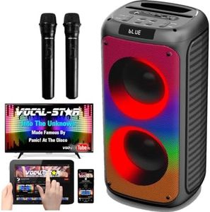 Vocal-Star Portable Karaoke Machine With Bluetooth, 2 Microphones, 100w Speaker, 6 Dazzling LED Full Speaker Lights Effects, Records Vocals, TWS, AUX, Rechargeable