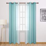 DWCN Ombre Sheer Curtains - Faux Linen Gradient Drapes Semi Voile Bedroom and Living Room Curtains, Set of 2 Grommet Top Window Curtain Drapes, Teal, 42W x 84L