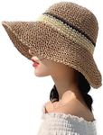 WITERY Trendy Summer Straw Sun Hat for Women Chic Panama Style Beach Hats Foldable Wide Brim Floppy Fedora UPF 50 - Packable Khaki