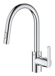 GROHE Get - Kitchen Sink Pull-Out Mixer Tap (2 Spray Options, High Spout, 360° Swivel Range, 35mm Ceramic Cartridge, Smooth Docking, Tails 3/8 Inch, QuickMount Included), Size 381mm, Chrome, 31484001