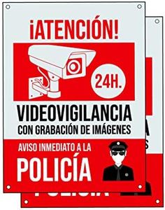 Cartel videovigilancia - Placa alarma conectada - Carteles zona videovigilada - Aviso a la Policía 20x15 cm Rojo Interior/Exterior (2 Piezas Cartel videovigilancia)