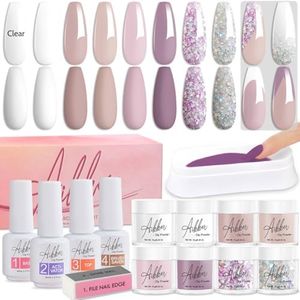 Aikker Acrylic Dip Powder Starter Kit Nail Dipping Powder System with Base,Top Coat,Activator,Brush Saver Clear White Nude Beige Light Purple Sliver Glittery Sequins French Nail Art Recycling Tray 09