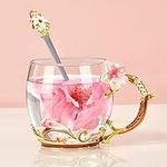 Wisolt Birthday Gifts for Women Teacher Christmas Gifts Flower Glass Tea Cup Gifts for Mum Wife Her Friend Anniversary Valentines Christmas Mothers Day Gifts Glass Coffee Cup Mugs with Spoon